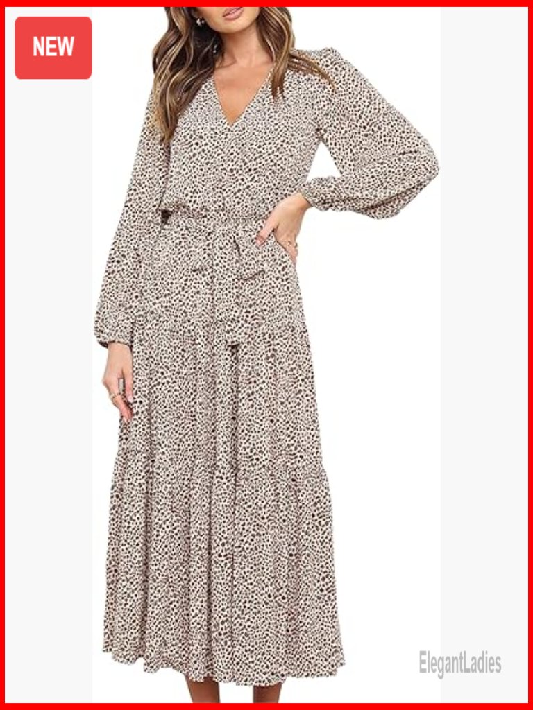 Womens Spring Long Sleeve Wrap V Neck Ruffle Floral Maxi Dress
